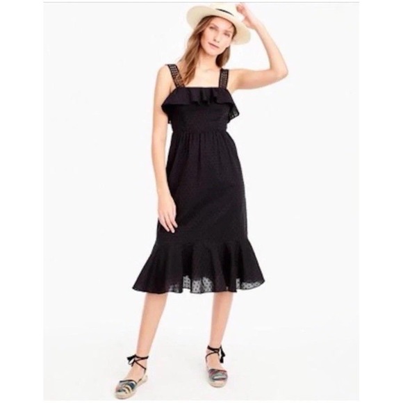 J Crew Ruffle Midi Dress Black Womens 10 Dark Feminine Cottagecore Summer Beachy - Picture 1 of 8